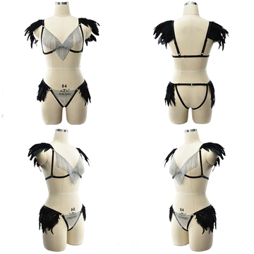 Women's Body Harness With Feather And Metal Tassel / StylishSexy Lingerie Set With Bra And Panties - EVE's SECRETS